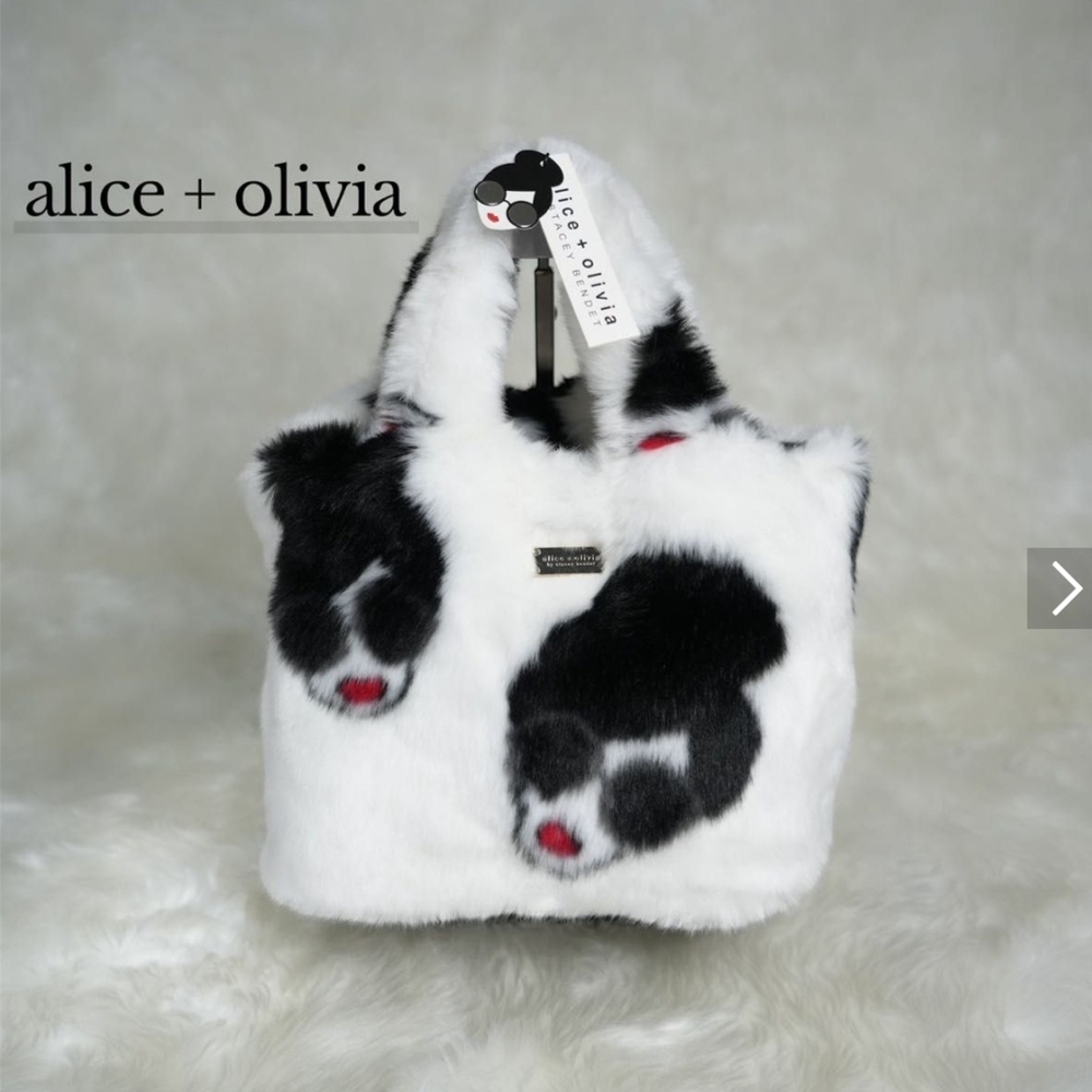 Alice + Olivia Black and White Fluffy Faux Fur Tote Bag